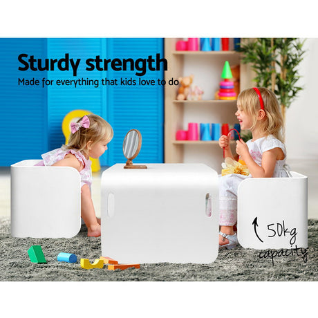 3 Piece Kids Table and Chairs Set Multifunctional Storage White and Natural