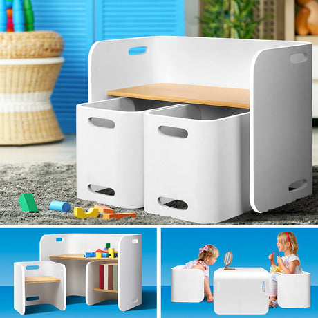 3 Piece Kids Table and Chairs Set Multifunctional Storage White and Natural