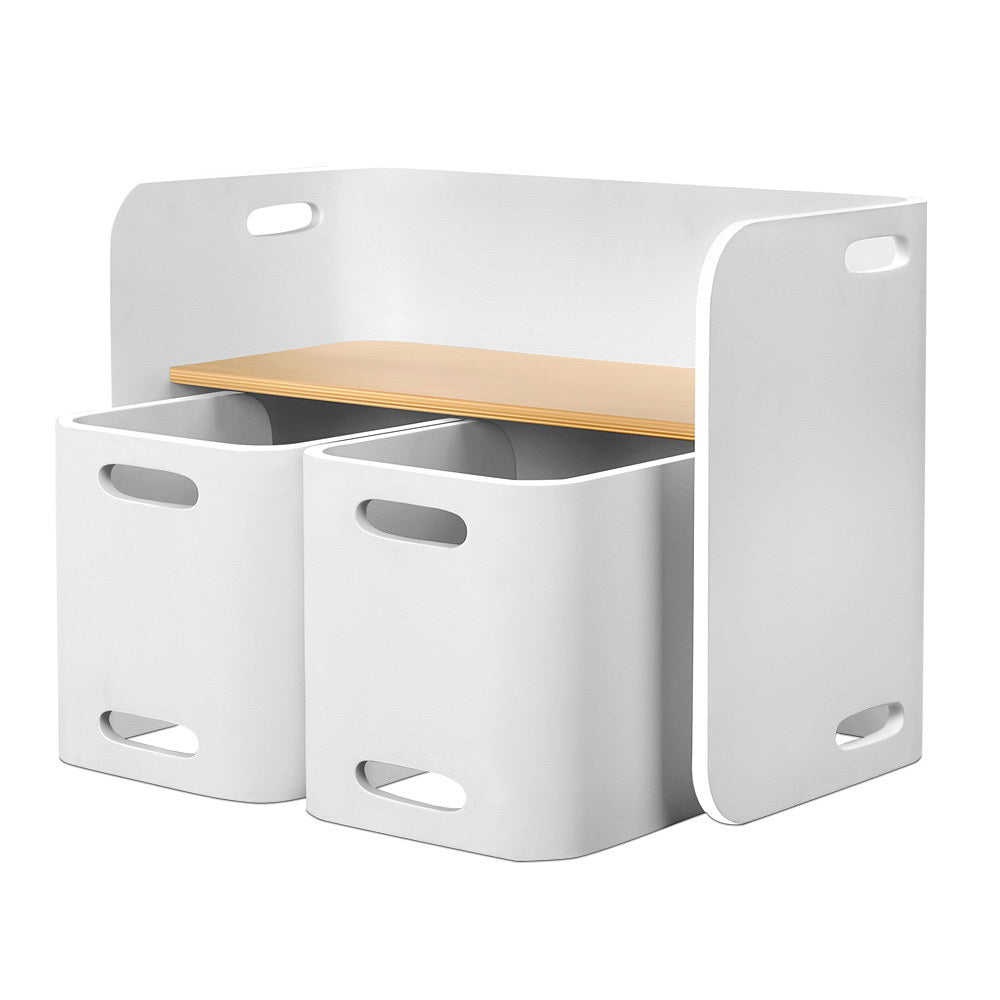 3 Piece Kids Table and Chairs Set Multifunctional Storage White and Natural