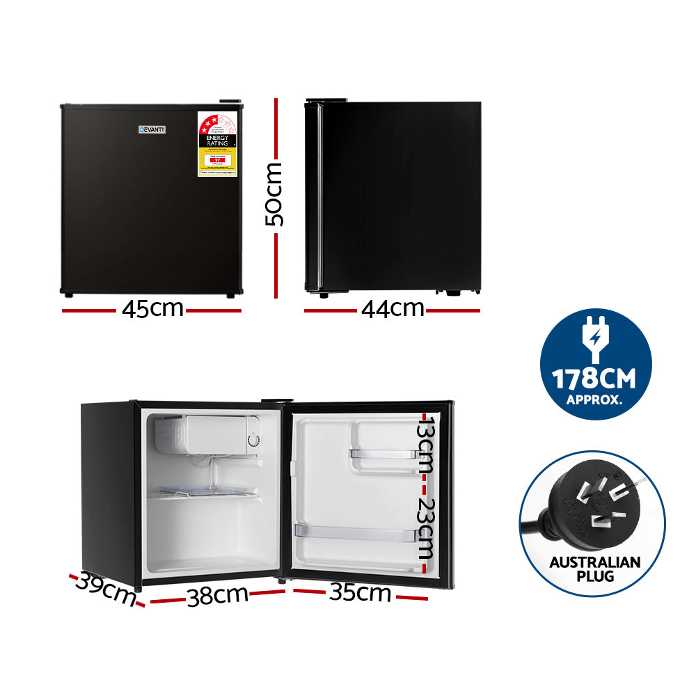 Bar fridge door open showing shelves and chiller compartment