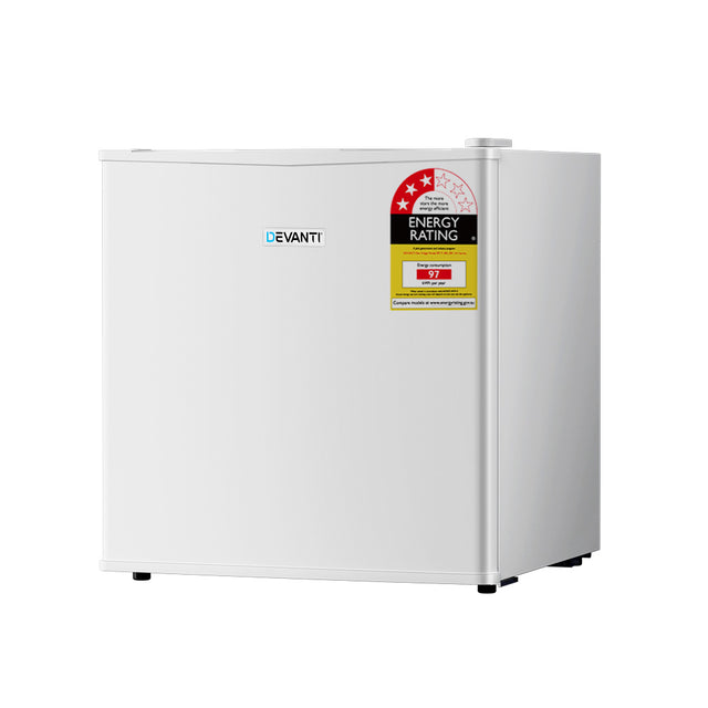 White 48 L bar fridge with solid door, front view