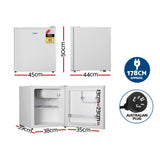 Side view of the compact white bar fridge with built in handle