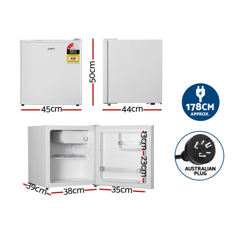 Side view of the compact white bar fridge with built in handle