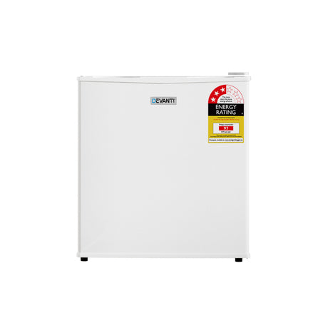 White bar fridge with door open showing chiller compartment and shelves