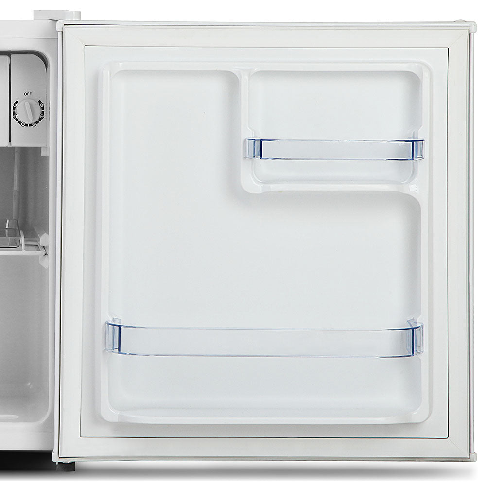 Door storage of the white 48 L bar fridge holding bottles