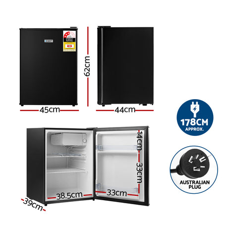 Bar fridge door open showing shelves and 5 L chiller compartment