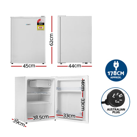 White mini bar fridge shown at an angle