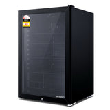 Dimension diagram of the 115 L black glass door bar fridge