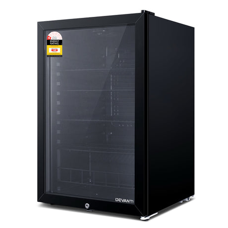 Dimension diagram of the 115 L black glass door bar fridge