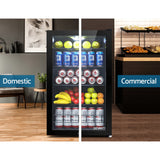 Side view of the compact 115 L glass door bar fridge