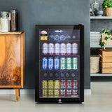 Black 115 L bar fridge with double glazed glass door and LED lit interior