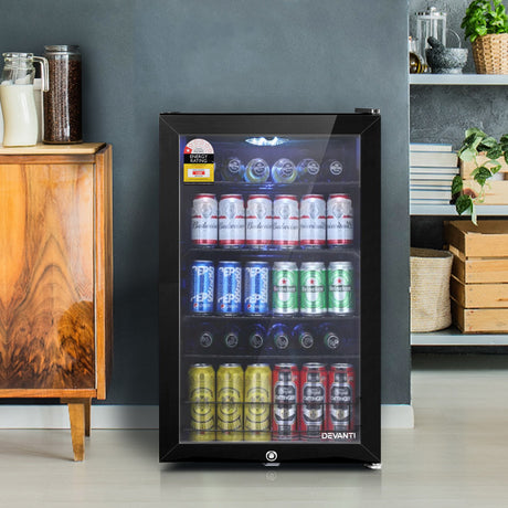 Black 115 L bar fridge with double glazed glass door and LED lit interior