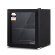 Black bar fridge shown in a home bar setting