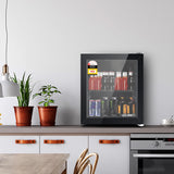 Black 46 L bar fridge with double glazed glass door, front view