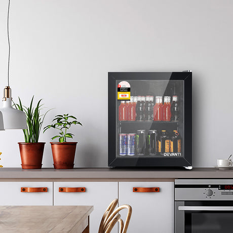 Black 46 L bar fridge with double glazed glass door, front view