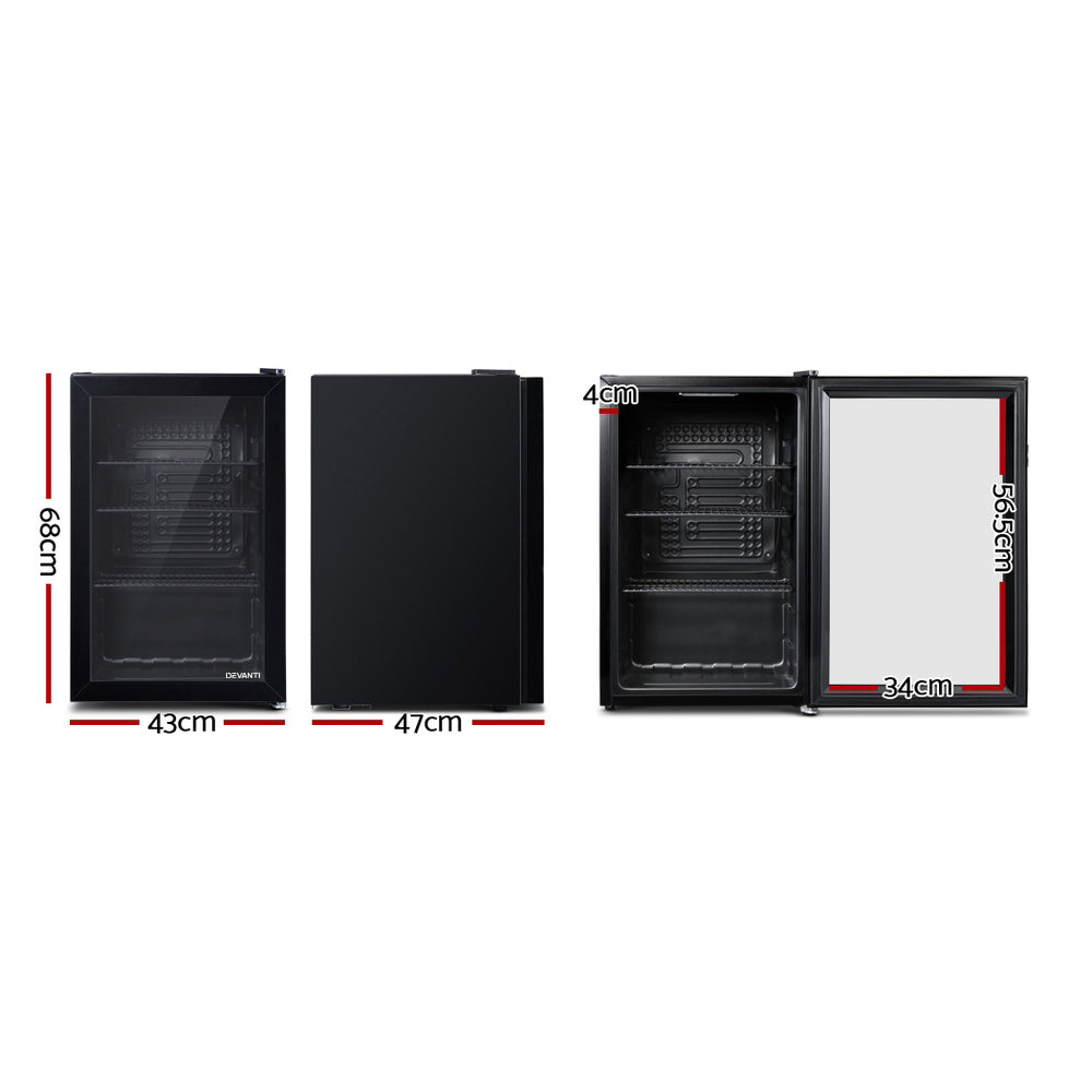 70 L glass door bar fridge in black shown at an angle