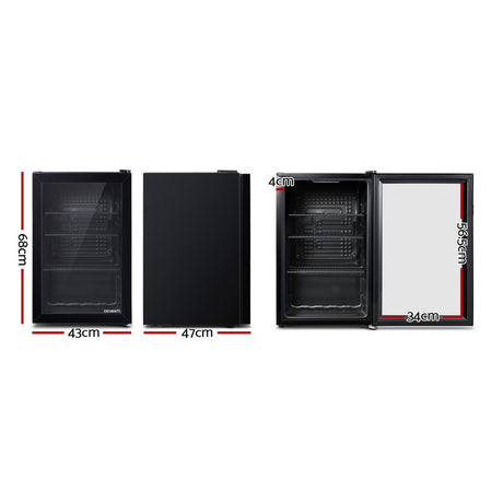 70 L glass door bar fridge in black shown at an angle