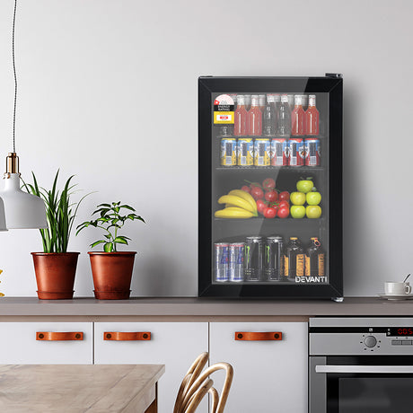 Black 70 L bar fridge with double glazed glass door, front view