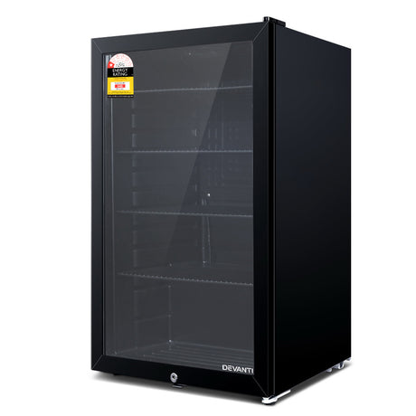 98 L glass door bar fridge in a home bar or cafe setting