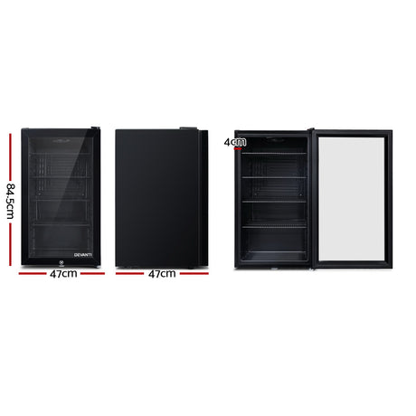 Glass door bar fridge lit by built-in LED lamp showing stocked shelves
