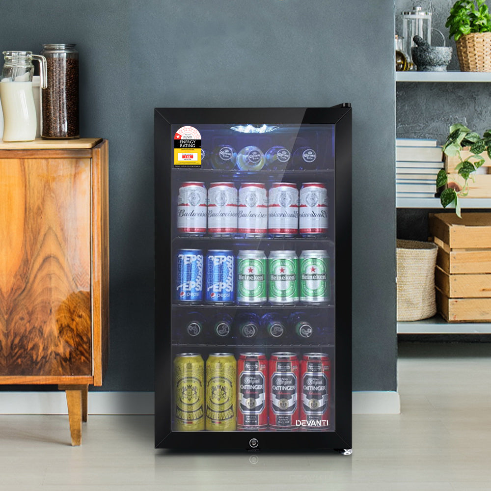 Black 98 L bar fridge with double glazed glass door, front view