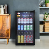 Black 98 L bar fridge with double glazed glass door, front view