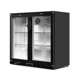 Bar fridge used as a drinks display in a cafe setting