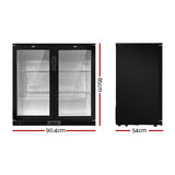 Dimension diagram of the 198 L double glass door bar fridge