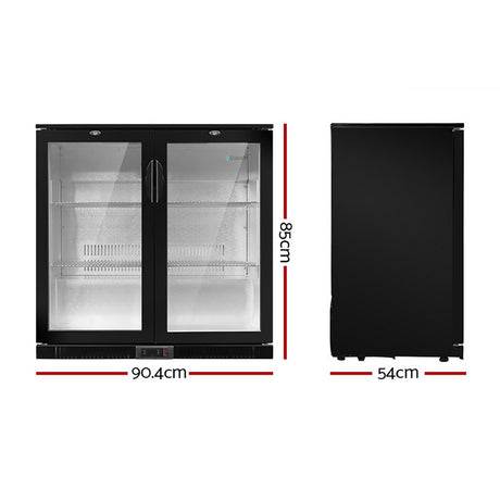 Dimension diagram of the 198 L double glass door bar fridge
