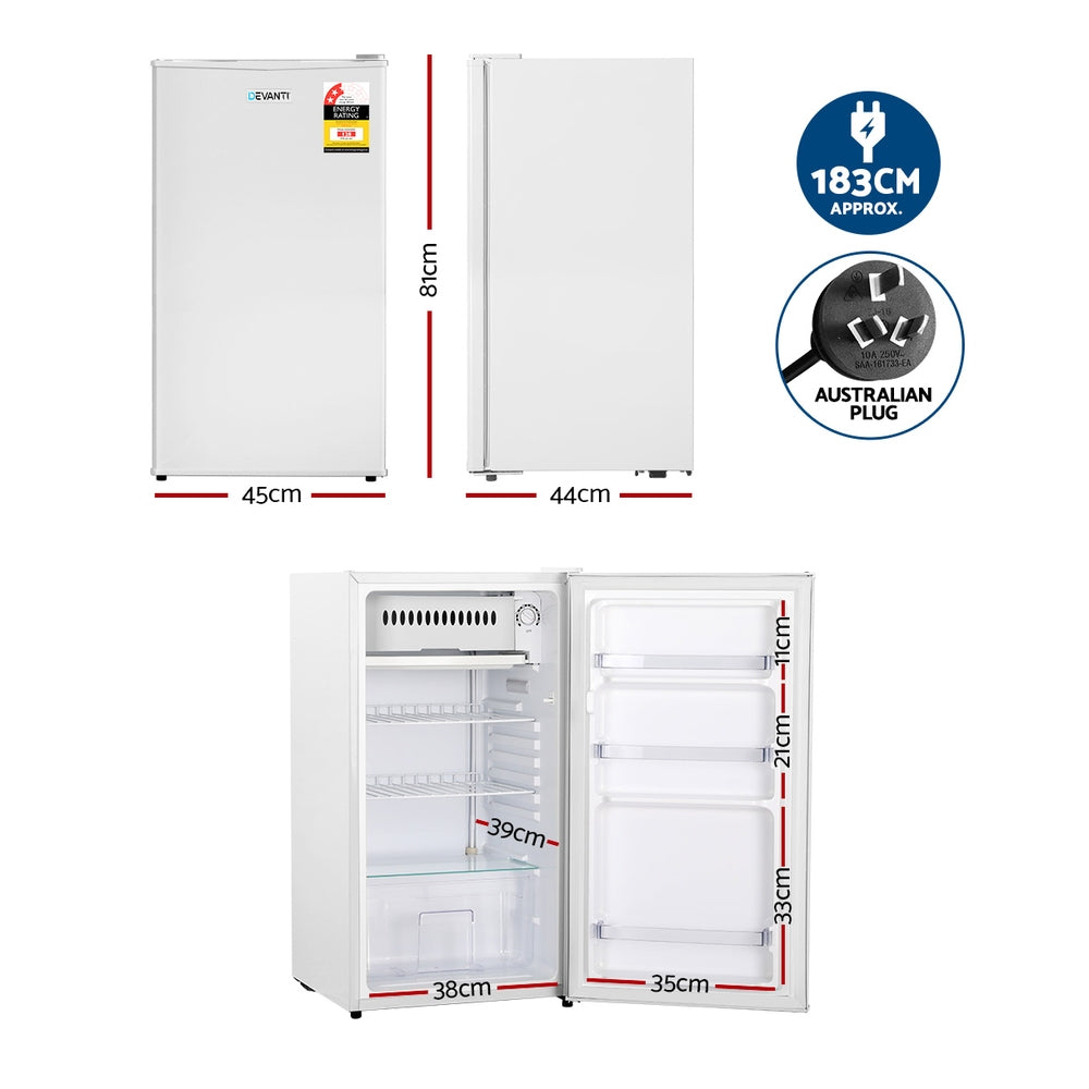 White bar fridge with door open showing shelves and chiller compartment