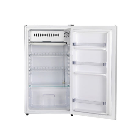 Interior of 95 L bar fridge with crisper drawer and adjustable shelving