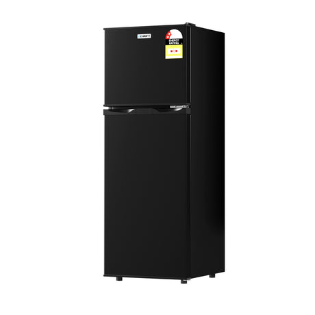 Black 122 L two door bar fridge with separate freezer compartment