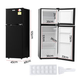 Two door bar fridge with both doors open showing fridge and freezer