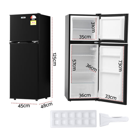 Two door bar fridge with both doors open showing fridge and freezer