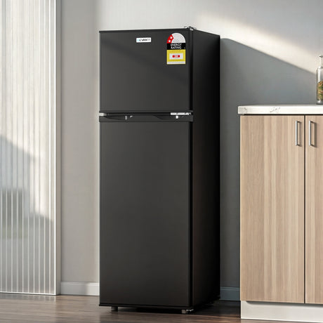 Dimension diagram of the 122 L two door black bar fridge