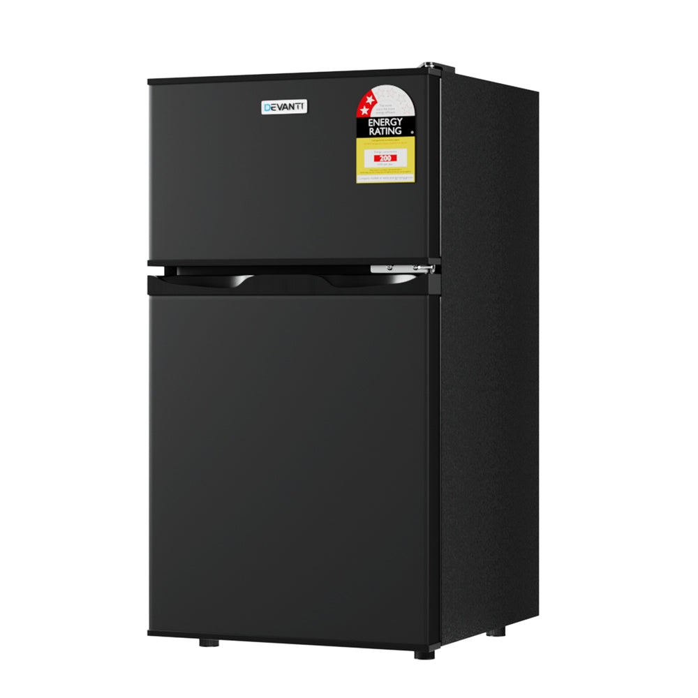 Dimension view of the 85 L black bar fridge, 85.5 cm high