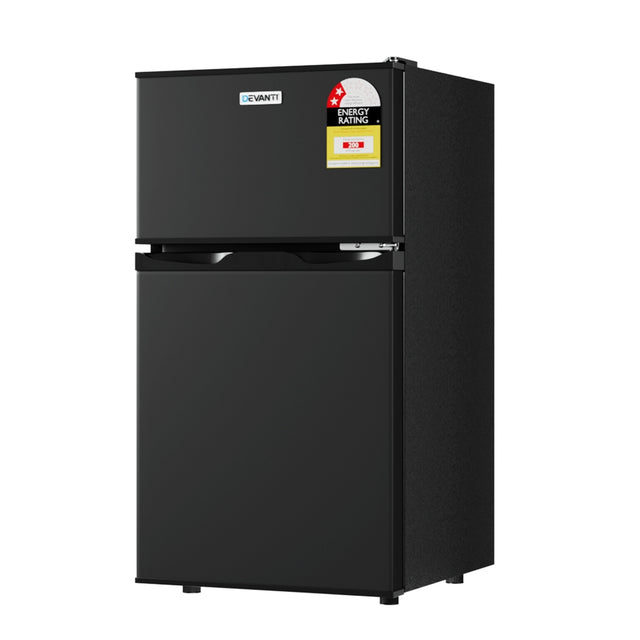 Dimension view of the 85 L black bar fridge, 85.5 cm high