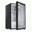 Black 105 L bar fridge with double glazed glass door stocked with drinks