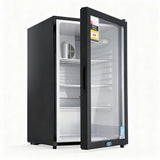 Black 105 L bar fridge with double glazed glass door stocked with drinks