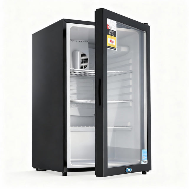 Black 105 L bar fridge with double glazed glass door stocked with drinks