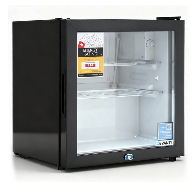 Black 40 L bar fridge with double glazed glass door, front view