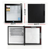 Countertop mini fridge shown at an angle in black with glass door