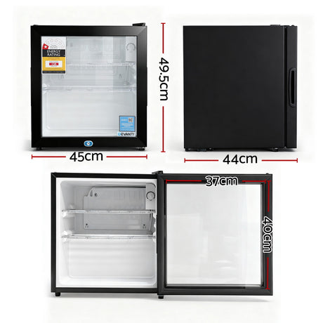 Countertop mini fridge shown at an angle in black with glass door