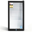 Black 78 L bar fridge with tempered glass display door, front view