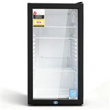 Black 78 L bar fridge with tempered glass display door, front view