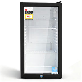 Black 78 L bar fridge with tempered glass display door, front view
