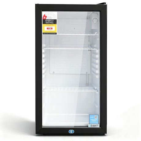 Black 78 L bar fridge with tempered glass display door, front view