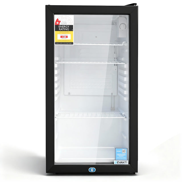 Black 78 L bar fridge with tempered glass display door, front view