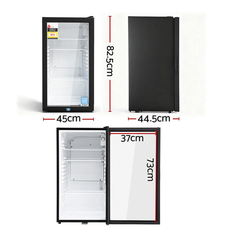 78 L countertop beverage cooler in black shown at an angle