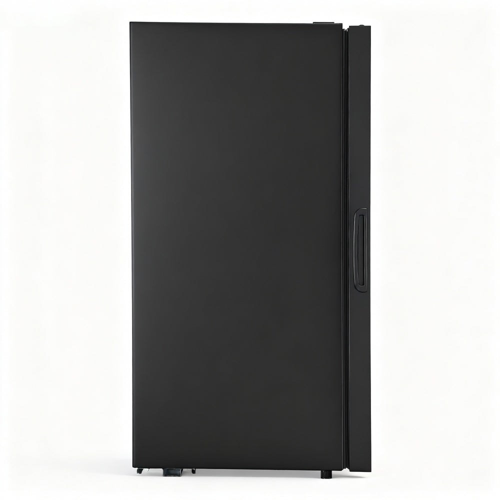 Glass door bar fridge with LED light on and shelves stocked with drinks